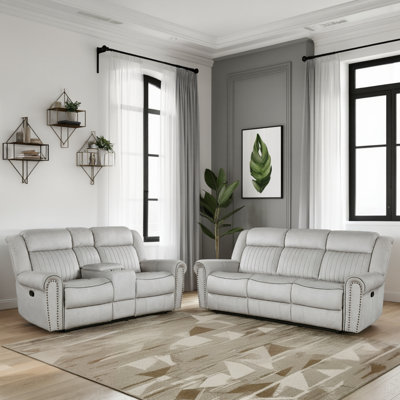 Cappella Transitional Microfiber Manual Reclining 2-Piece Living Room Set with Classic Nailhead Trim, Manual Recline & Pocket Coils