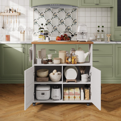 Rolling Kitchen Island with Storage Cabinet, 40.4'' Width Cart, Portable Mobile Kitchen Island with Towel Rack, Wood Top and Lockable Wheels