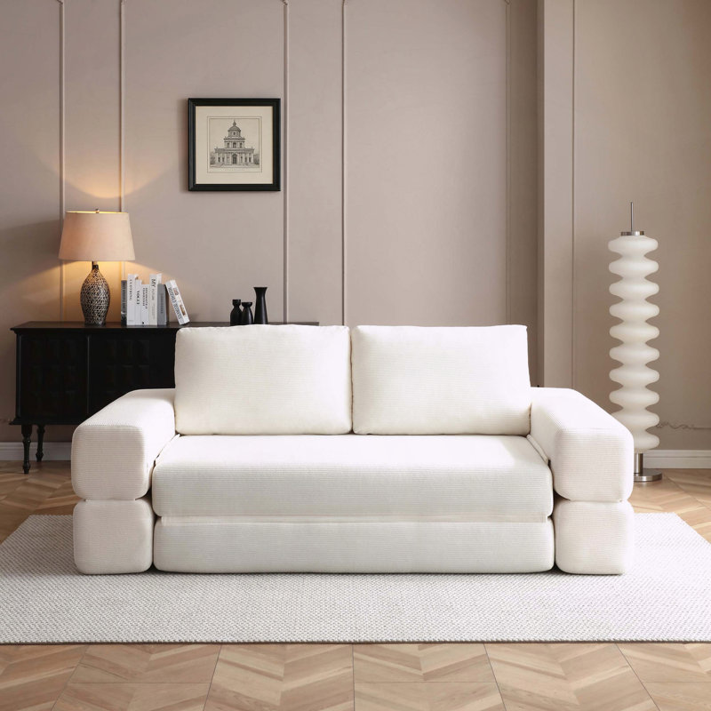 81 Canapé-lit pliant en velours côtelé 3 en 1 avec mousse haute densité et coussins, Beige