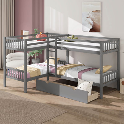 Twin Over Twin Bunk Bed For Kids, L-Shaped 4 Beds Bunk Bed Frame With Drawers And Guardrails