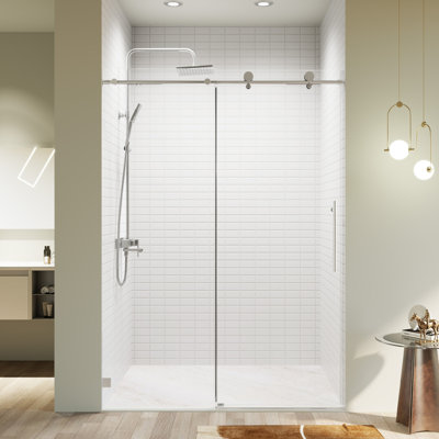 Frameless Single Sliding Shower Door, Soft-Close, Adjustable Width, SGCC Tempered Glass, Chrome Finish