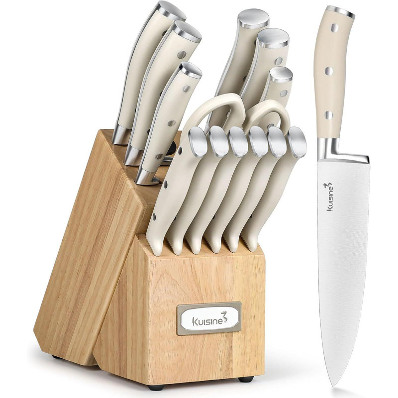 Ensemble de couteaux de cuisine de qualité professionnelle, ensemble de 15 couteaux et ciseaux de cuisine de qualité supérieure avec aiguiseur intégré, ensemble de couteaux ergonomiques en ABS