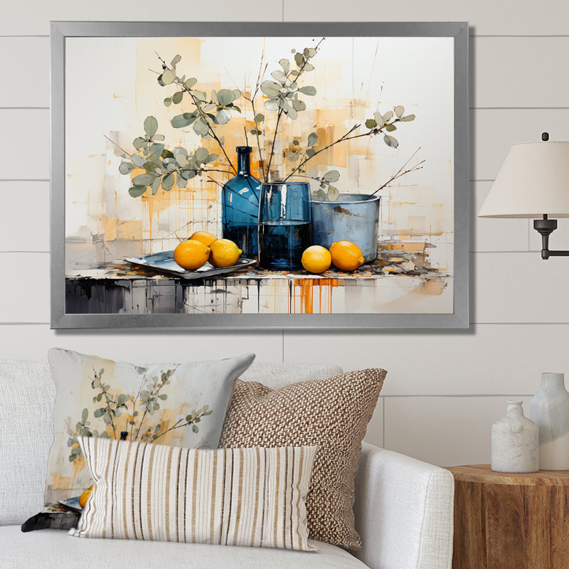 Bleu et jaune agrume Boho Pottery I - Boho Pottery, art mural, H 12 po x l 20 po x P 1 po, Cadre flottant doré