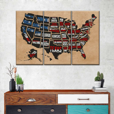 " Patriotic American Map Multi Piece Canvas Print " 3 - Pieces