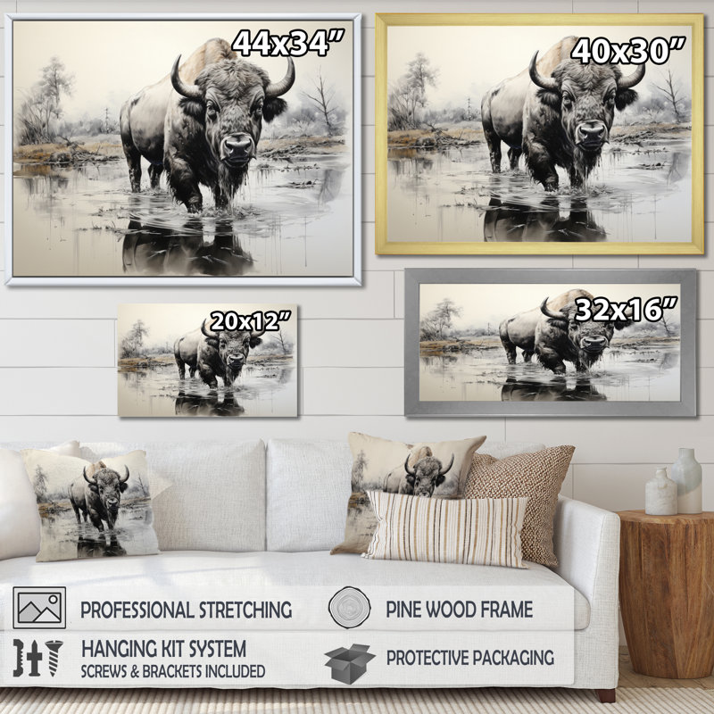 Bison, art mural, reproduction de reflet de la faune, Cadre photo noir, H 30 po x l 40 po x P 1,5 po