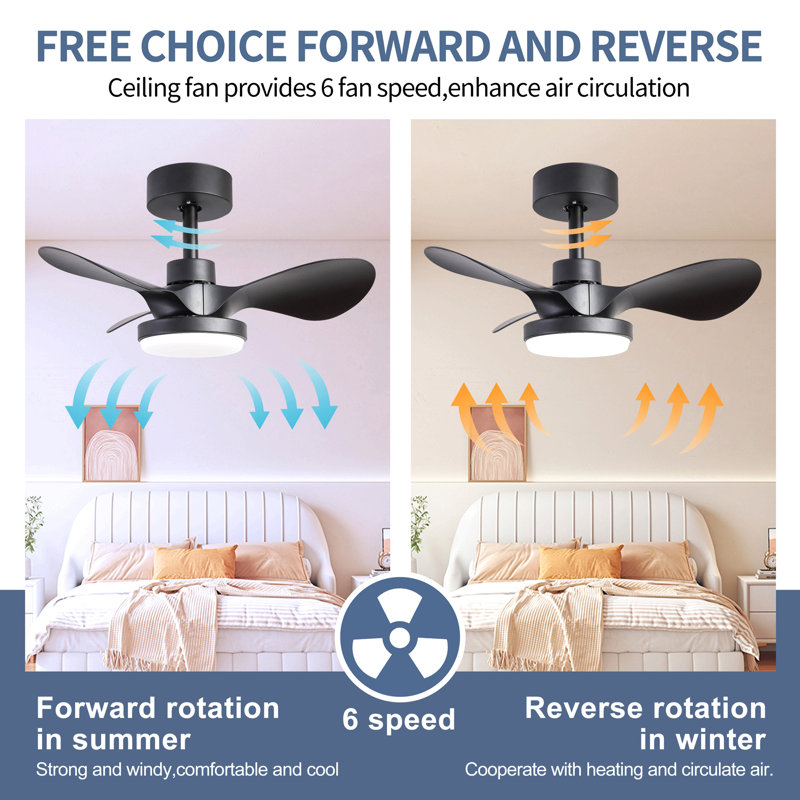 24" Small  Ceiling Fan With Light Remote Control ,Modern Low Profile Black Ceiling Fan, 6-Speeds Quiet Reversible Dc Motor  For Bedroom,Kitchen