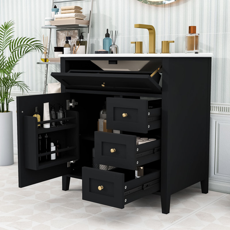 Meuble-lavabo autoportant moderne avec lavabo en céramique lisse, tablettes réglables et tiroirs de rangement, Noir
