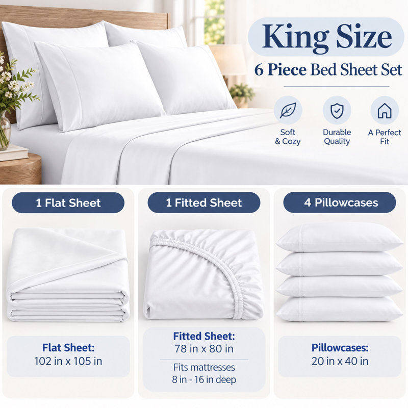 Ensemble de draps 6 pièces en microfibre brossée avec poche profonde de 16 po, blanc, King Sheet Set with 4 Pillowcases
