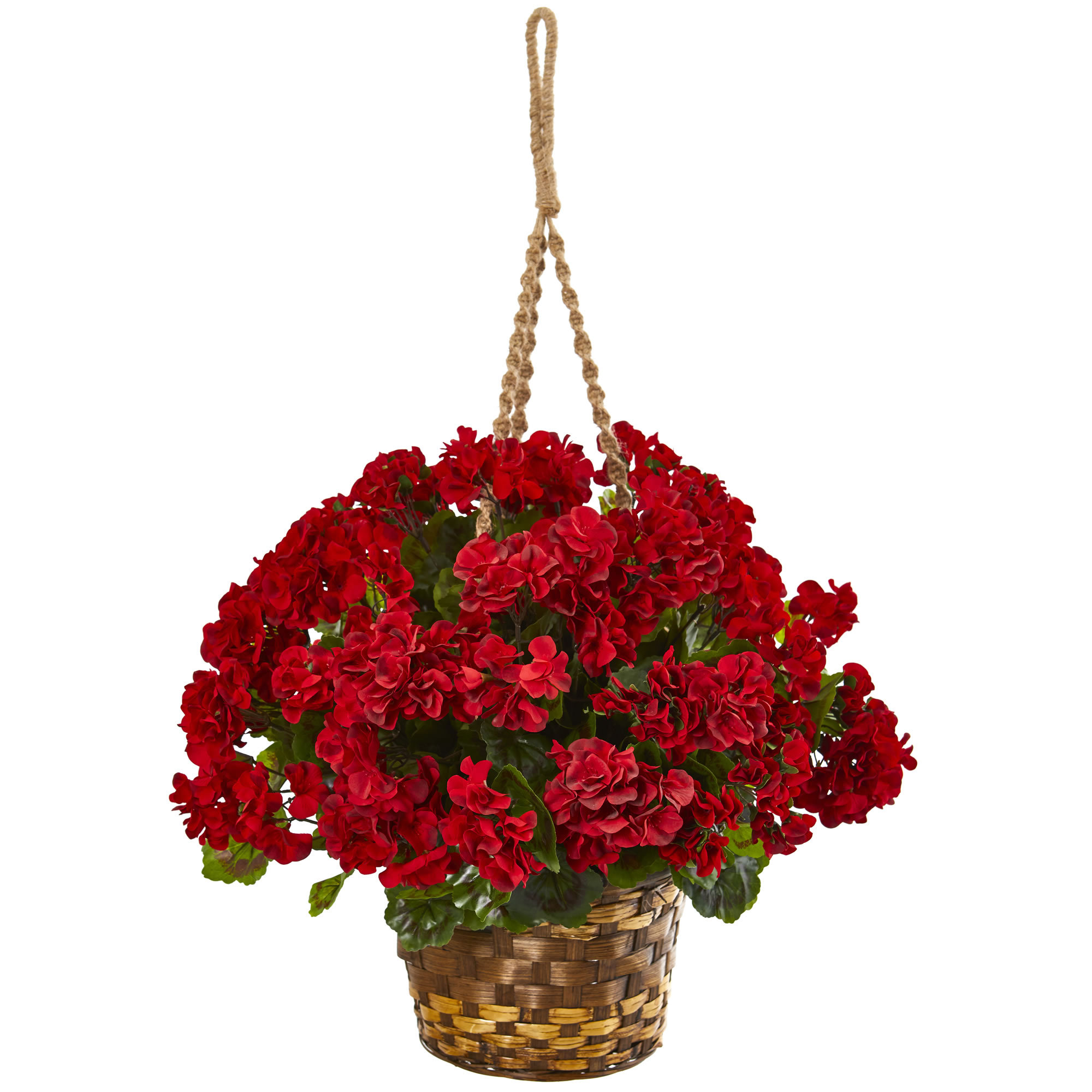 19in. Geranium Hanging Basket Artificial Plant UV Resistant (Indoor/Outdoor), Red