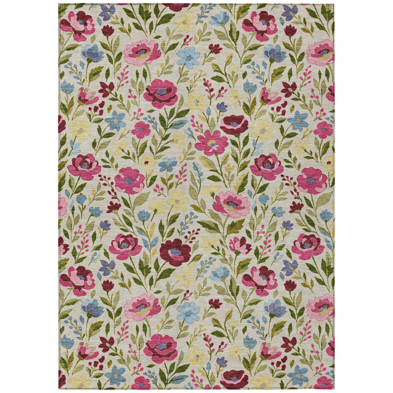 Machine Washable Indoor/Outdoor Chantille ACN2438 Floral Rug, 3' x 5', Linen