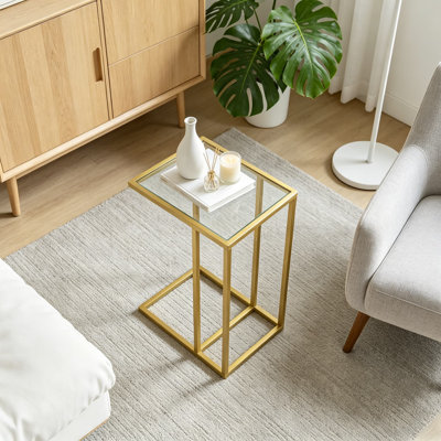 C-Shaped End Table with Tempered Glass Top, Metal Frame, Side Table for Small Spaces, Couch Table for Living Room, Bedroom, Office