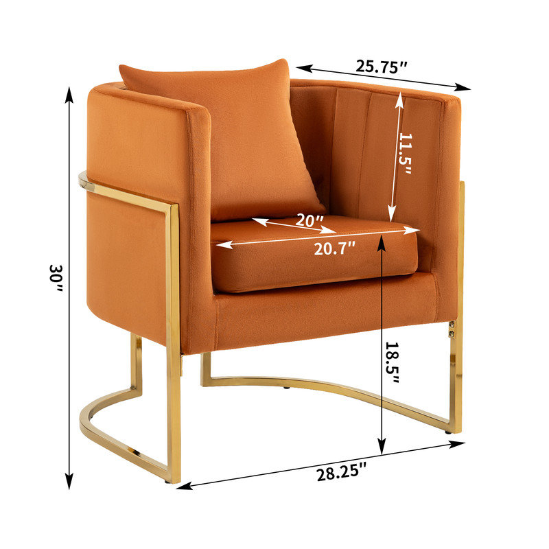 Fauteuil d'appoint demi-tonneau en velours avec coussin, Orange