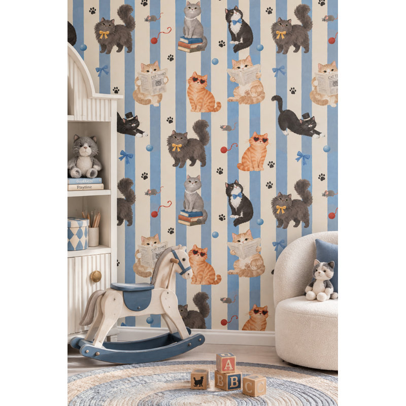 Cats Wallpaper Blue Cream Vertical Stripes, Peler et coller