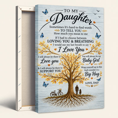 To My Daughter Quote With Golden Tree And Father Daughter Canvas Wall Art