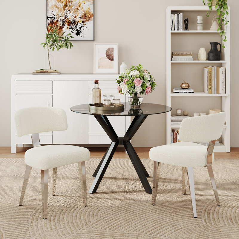 35.4" Round Stainless Steel And Glass Dining Table Set For 2–4 People, Modern Luxury Kitchen Table With Metal Legs And Sturdy Bouclé Chairs, Comfortable And Stylish Dining Furniture For Small Spaces