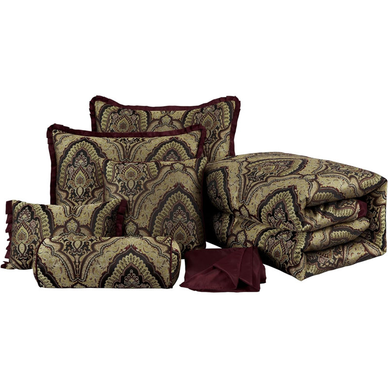 Pierre 7-Piece Medallion Paisley Jacquard Comforter Set, Queen Comforter + 2 Standard Shams, Burgundy