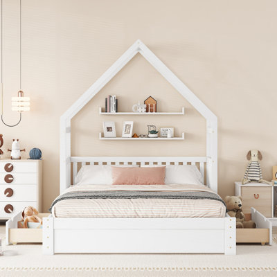 Wood Queen Platform House Bed with Guardrail & 2 Storage Drawers, Pine & MDF, Safe & Sturdy Kids Bedroom Furniture, White by Ophelia & Co.