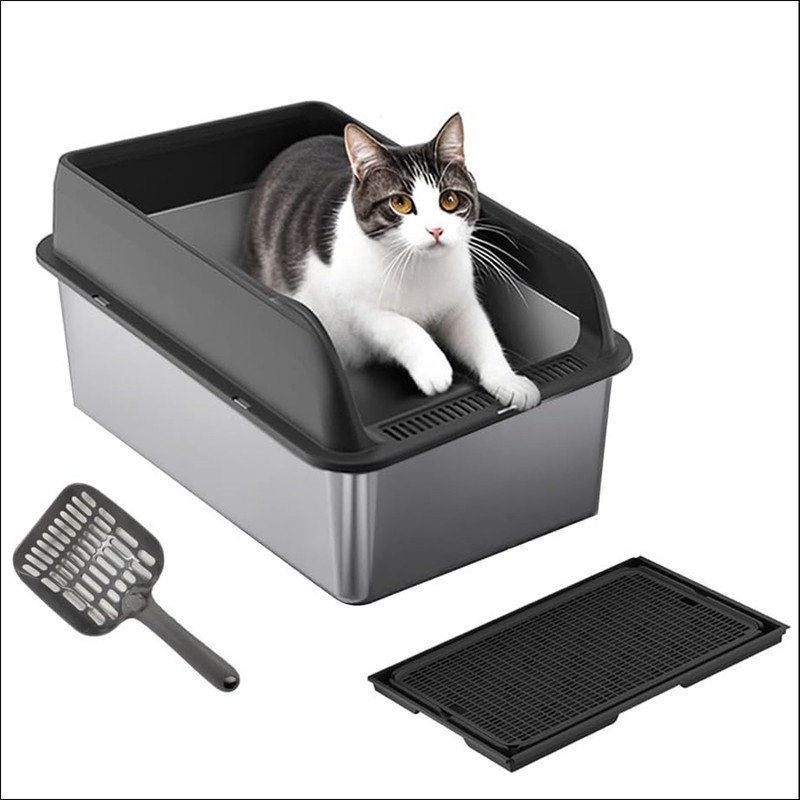 Stainless Steel Cat Litter Box with Lid Large Litter Box for Big Cats Non-Stick Stainless Steel Cat Boxes High Sides, Kitten Metal Boxes, Anti-Leakage, Easy to Clean