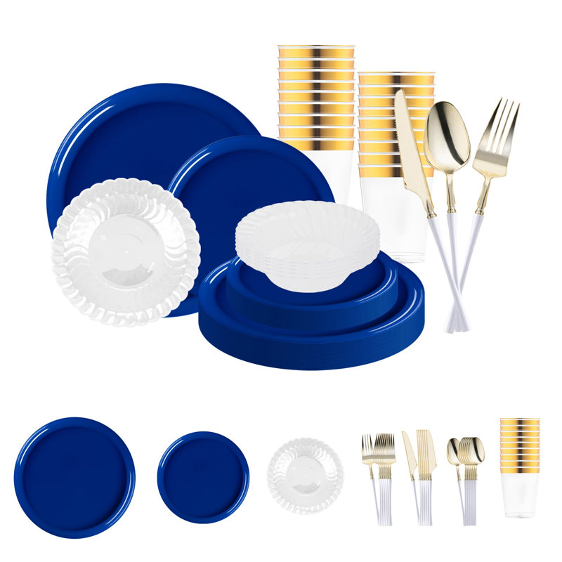 Ensemble de 60 couverts jetables en plastique plat, rond et bleu uni