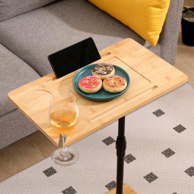 Bamboo Couch Tray Table Height Adjustable C-Shaped End Table With Slots 2 Tier Sofa Side Table For Living Room & Bedroom (Rectangle + Rectangle), Table