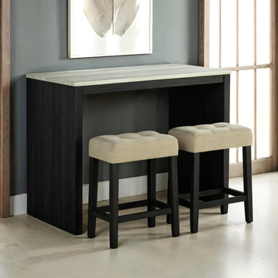 Table de salle à manger 3 pièces - Coussins de tabouret, rectangulaire, rustique, plateau de table gris-beige, 2 tabourets
