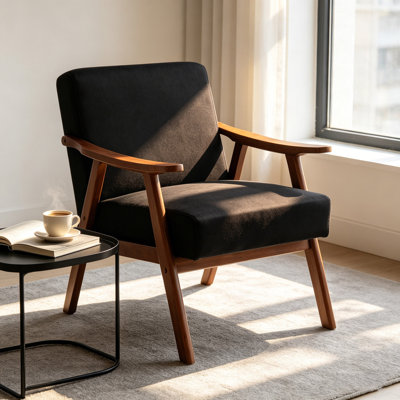 Black Velvet Accent Chair with Solid Wood Frame, Classic Mid-Century Modern Armchair for Small Spaces – Cozy Reading Chair for Living Room Bedroom Entryway