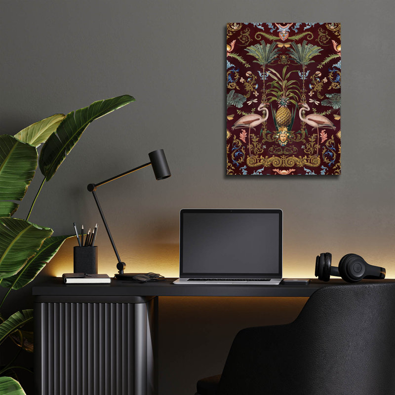 «Vintage Bohemian Elegance Flamingo Burgundy» par Andrea Haase, art mural en verre acrylique, 12 po x 16 po