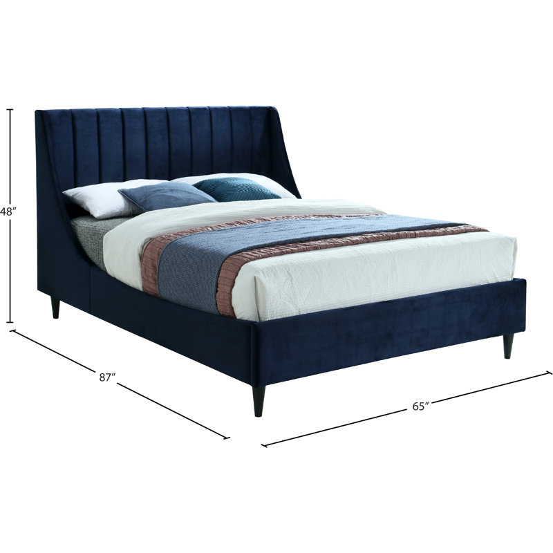 Eva Upholstered Low Profile Platform Bed, Queen, Navy Velvet