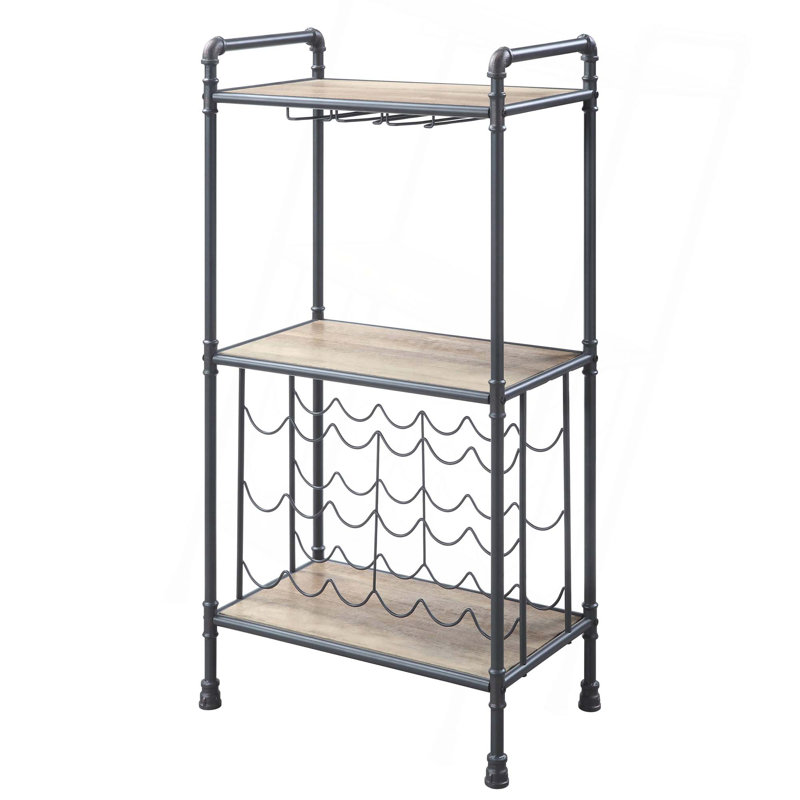 Porte-bouteilles en chêne antique et gris sable avec porte-verres à pied