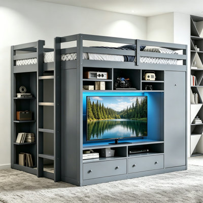 Lit mezzanine double avec centre de divertissement illuminé, armoire et tiroirs de rangement, tablettes