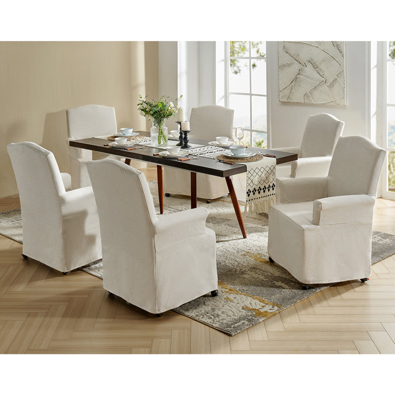 Gatlinburg Traditional 19"H Slipcovered Dining Chair with Hooded Caster Wheels, Tan