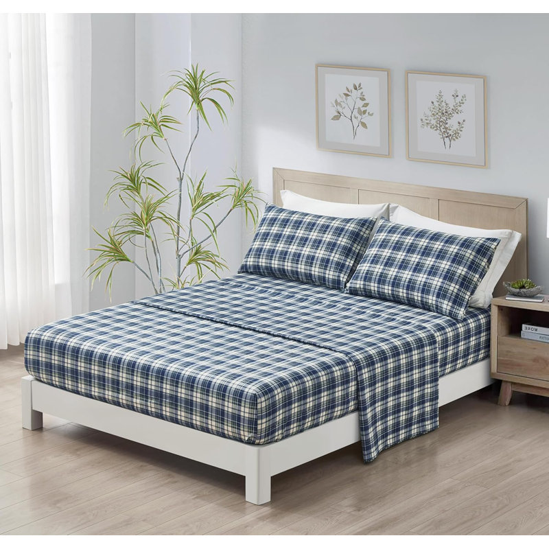 Chad Plaid Printed Cotton Bed Sheet Set, Queen Sheet Set with 2 Standard Pillowcases