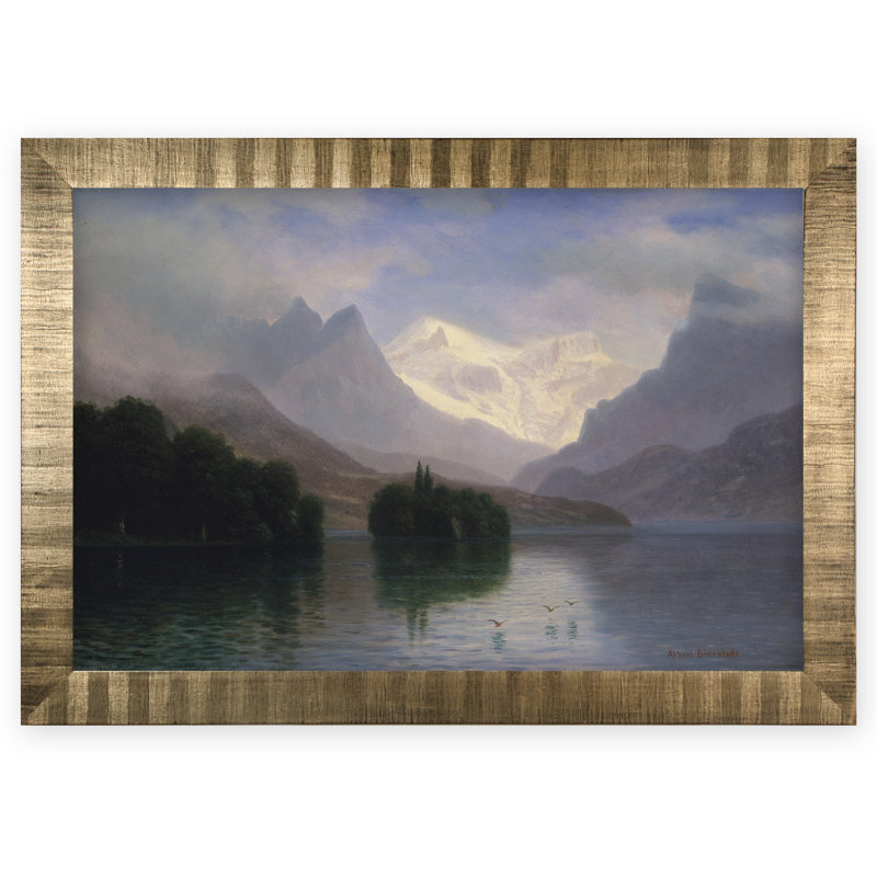 « mountain scene », reproduction de peinture à l’huile, H 29 po x l 41 po x P 2 po, Encadrement doré antique, Pas de tapis