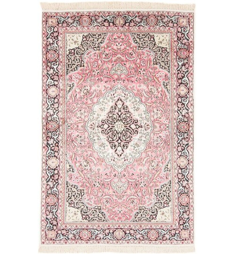 Handgefertigter Teppich aus Wolle/Baumwolle in Pink/Beige/Schwarz