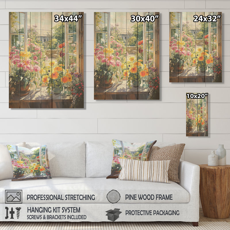 Fleurs d'été, vue de fenêtre à la ferme I - fenêtre florale sur bois, H 44 po x l 34 po