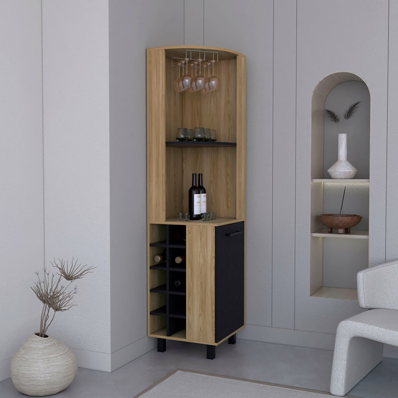 Audra Corner Bar Cabinet Six Built-in Wine Rack, Two Shelves, Four Shelves With Door Macadamia / , Light Oak/Black