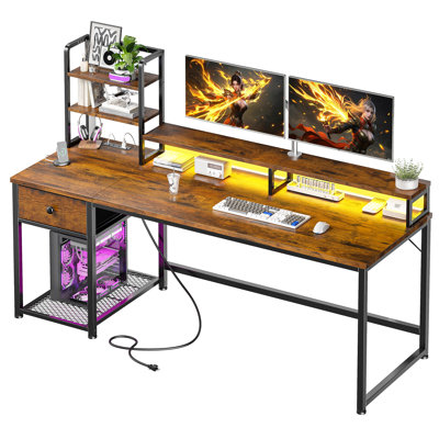 Computer Desk With  Led Lights And Power Outlets, Gaming Desk With Monitor Stand,Home Office Writing Desk With Storage And 2 Shelves