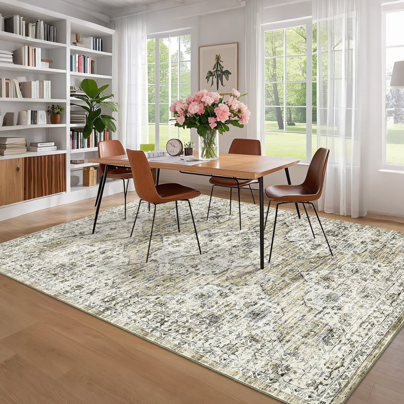 Vintage Floral Rug Washable Rug for Living Room, Retro Oriental Carpet, Soft Low Pile Non Shedding Floor Covering, Foldable Thin Non Shedding Indoor Mat for Bedrooms, Nurseries