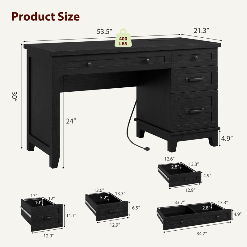 Bureau de direction en bois de style ferme, 136 cm (53,5 pouces), avec station de recharge intégrée, tiroirs de rangement et classeur réglable, noir