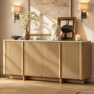 Buffet cannelé, crédence en bois avec plateau en pierre, buffet à 4 portes pour le salon, le vestibule et la salle à manger