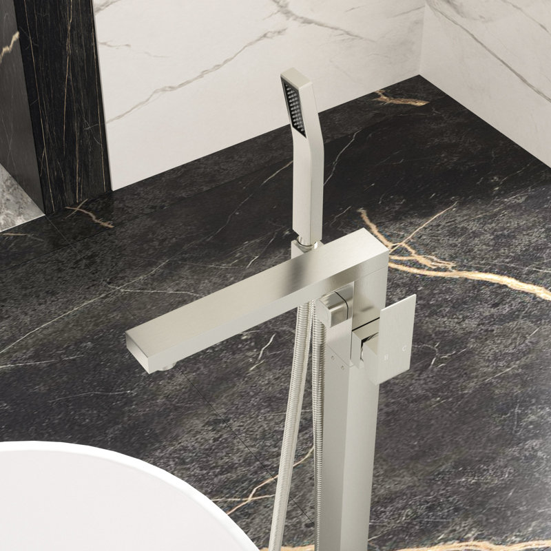 Floor Mounted Tub Filler With Brushed Nickel Finish, High - Grade Lead Brass, Smooth Dual Temperature Handles, 360 Horizontal + 90 Vertical Spout, Splash Faucet Handheld Shower, Solid Brass Build,