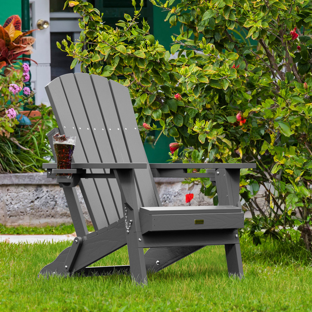 Nimitz All Weather Outdoor Folding HDPE Plastic Adirondack Chair With Cup Holder Fire Pit Chairs Oversized Patio Chair Dovecove 