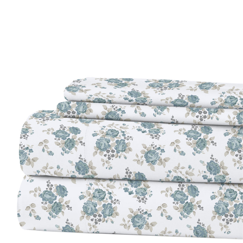 Ensemble de draps en microfibre 4 pièces Modern, Ensemble de draps pour grand lit avec 2 taies d'or, Forever Rose Floral