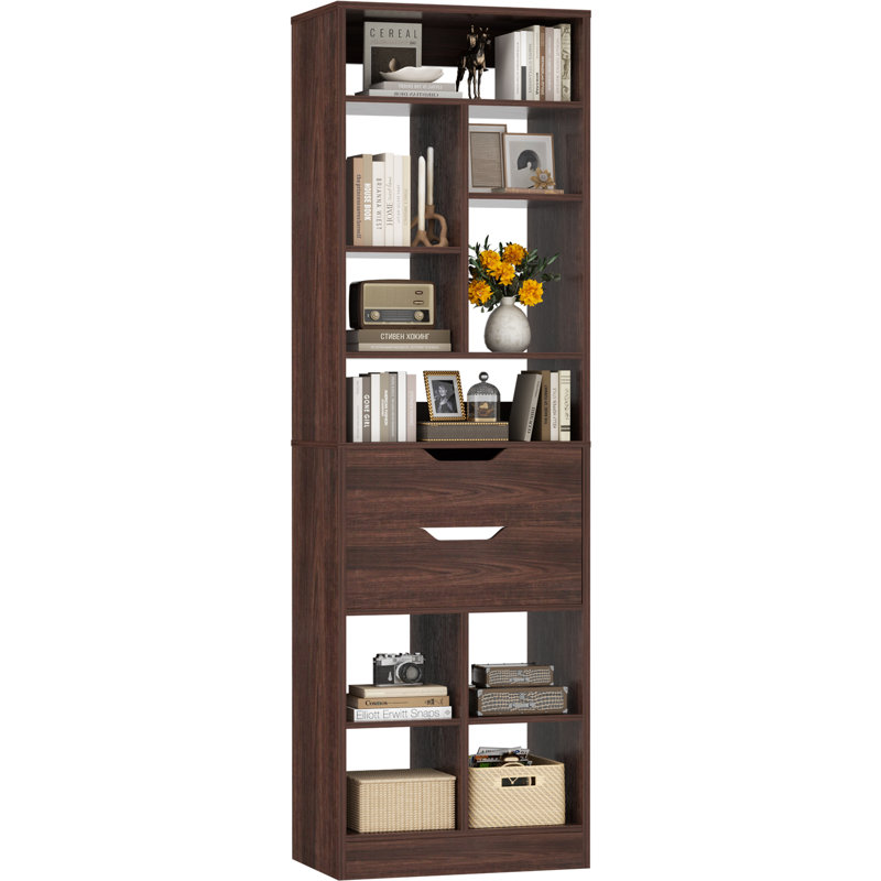 Grande bibliothèque 19 niveaux à 9 niveaux avec 2 tiroirs et tablettes de présentation pour le salon, 19.7", Brun