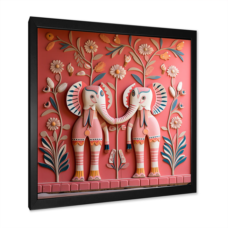 Art indien, éléphants de Jaipur 1 - Art mural indien, Cadre simple noir, H 16 po x l 16 po x P 1 po