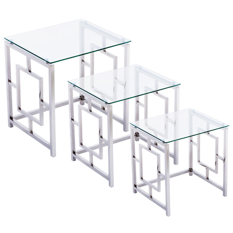 Broadoaks 3 - Piece Stainless Steel Nest Of Tables With Tempered Glass Top For Living Room(Grid), Clear top/Chrome Base