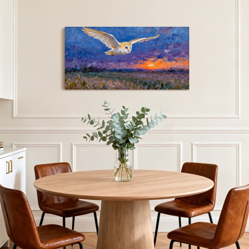 Animals Owl Soaring Over Field At Sunset, 20" H x 40" W