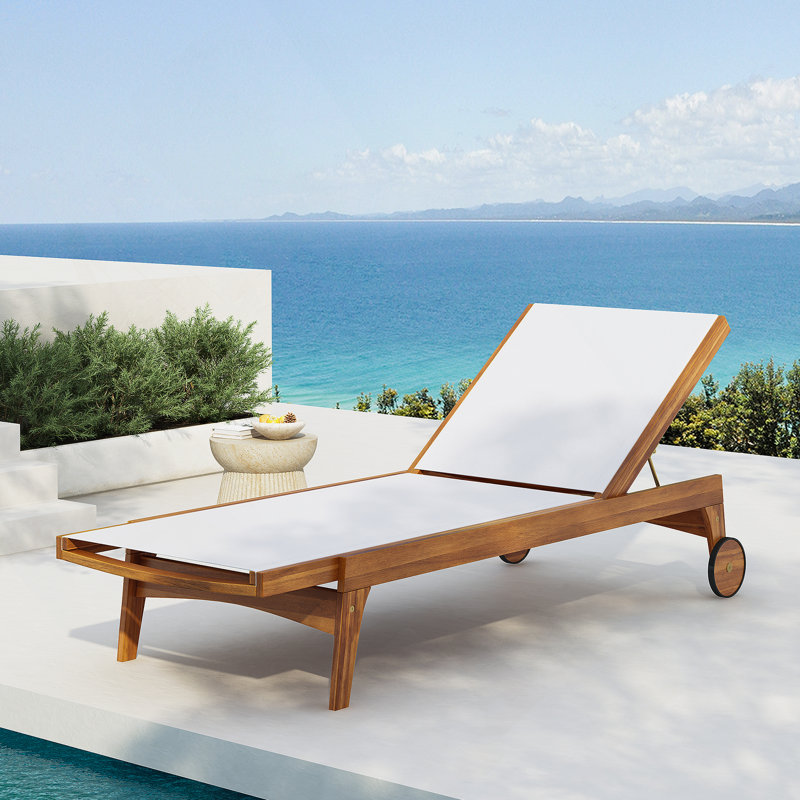 Chaise longue d'extérieur à structure en bois, Blanc / Naturel