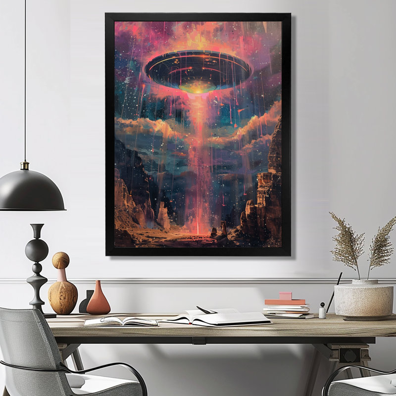 Rose et bleu interstellaire Ufos II - impression d'art mural Ufos, H 12 po x l 20 po, Cadre simple noir, bois massif