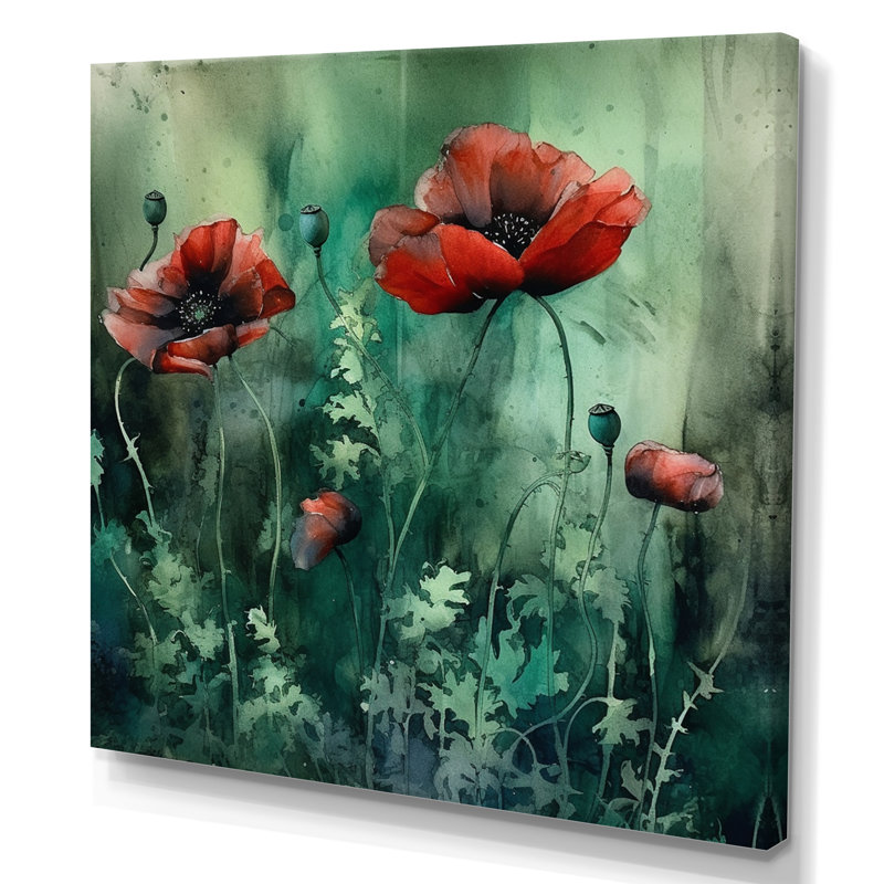 Emerald Vibrant Poppies II, Toile tendue, H 36 po x l 36 po x P 1,5 po